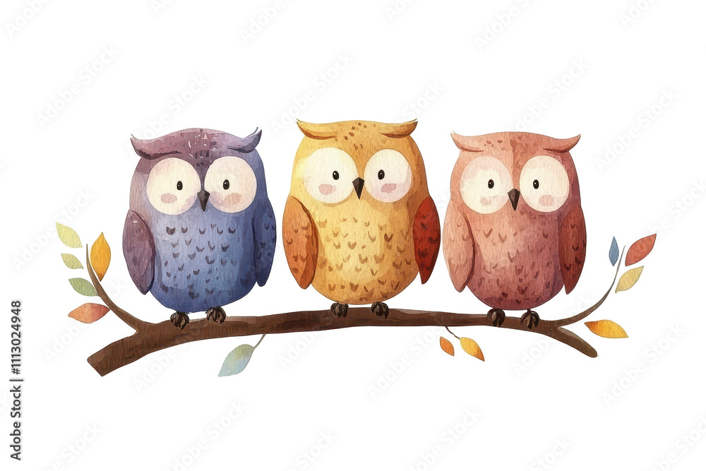 Hand drawing three owls on a branch, their eyes are focused on all the sounds of the night coming from the forest