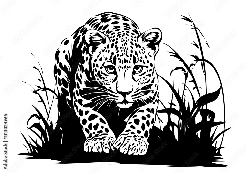 detailed leopard portrait with jungle leaves black vector art detailed leopard portrait with jungle leaves black vector art