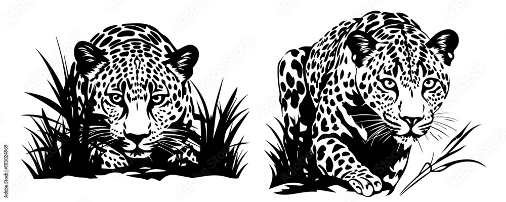 detailed leopard portrait with jungle leaves black vector art detailed leopard portrait with jungle leaves black vector art