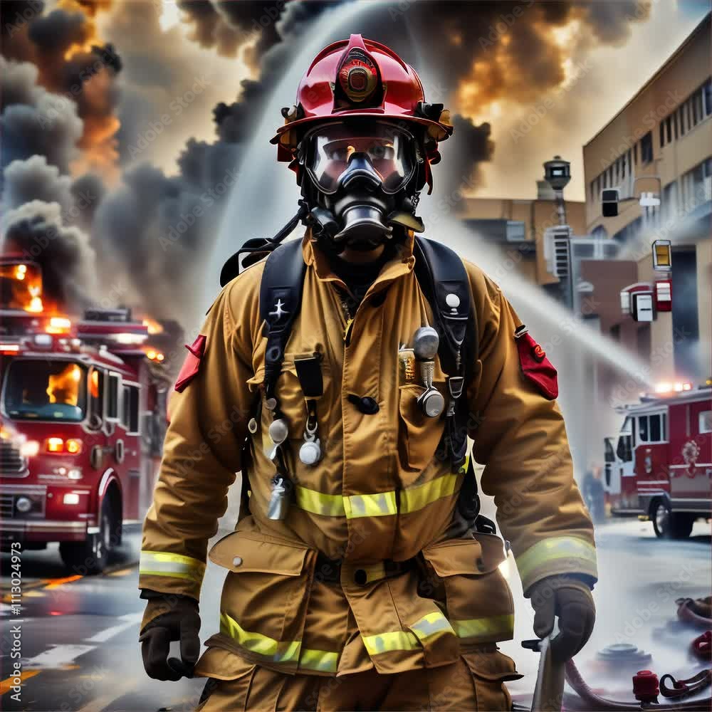 A firefighter is walking towards a fire truck A firefighter is walking towards a fire truck