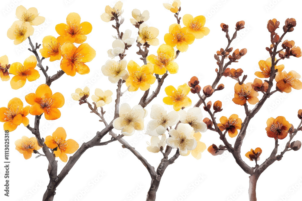 A collection of yellow wildflowers painted with flowing branches in a natural style A collection of yellow wildflowers painted with flowing branches in a natural style