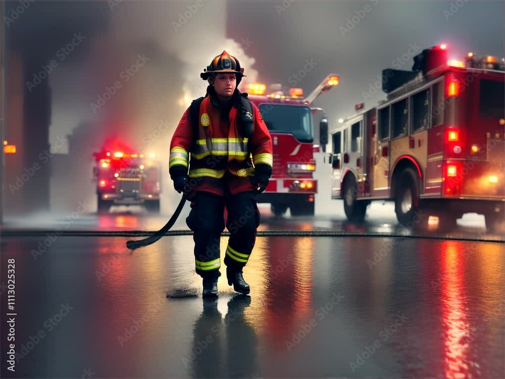A firefighter walking towards a firetruck reflected in a rain-drenched pavement in the midst of a chaotic urban firefighting scene