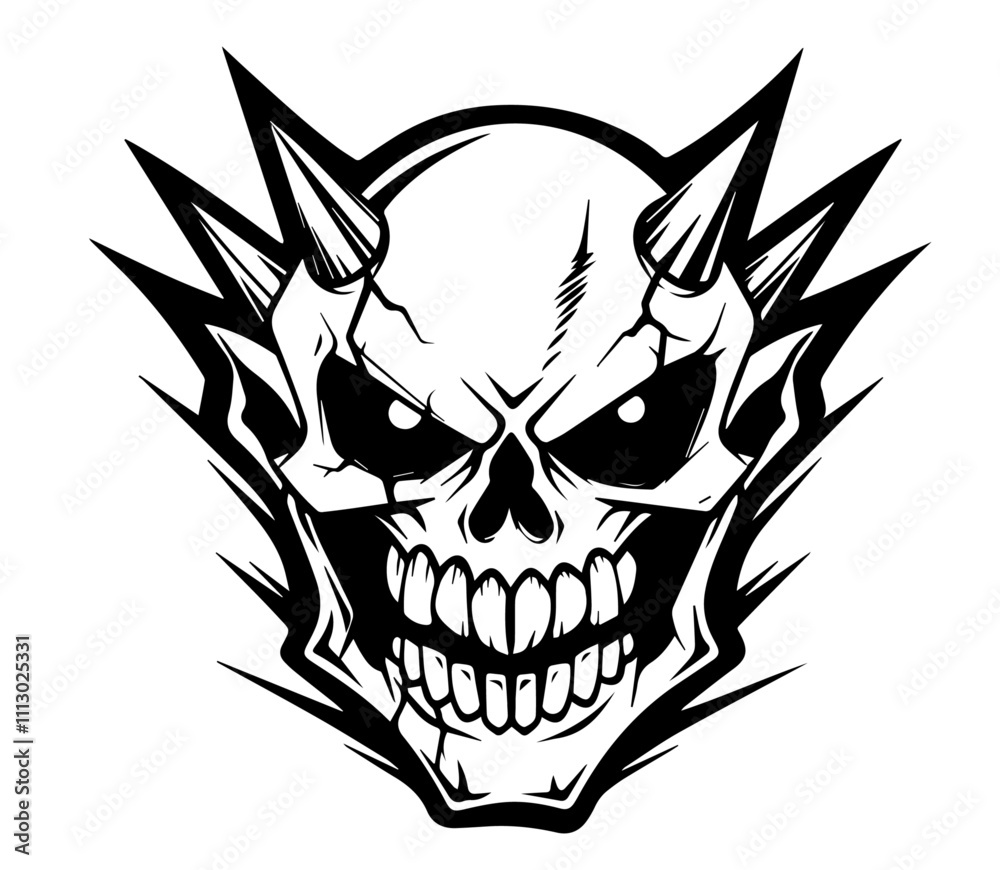 Obraz premium artistic monochrome depiction of a skull with menacing horns and a sinister grin
