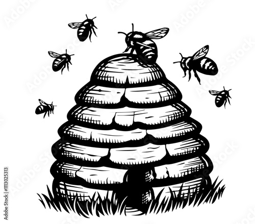 traditional beehive with bees in hand-drawn black vector illustration