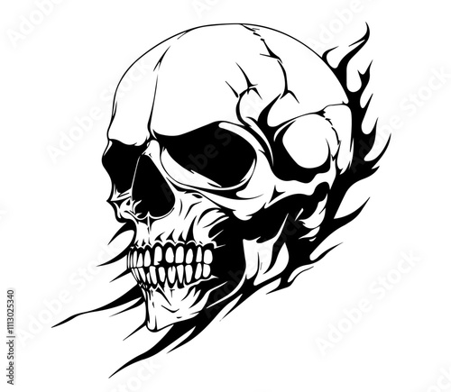 detailed skull with grunge splatter effect in hand-drawn black vector