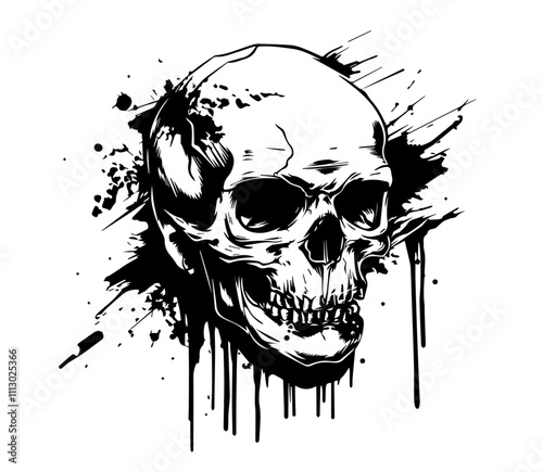 detailed skull with grunge splatter effect in hand-drawn black vector