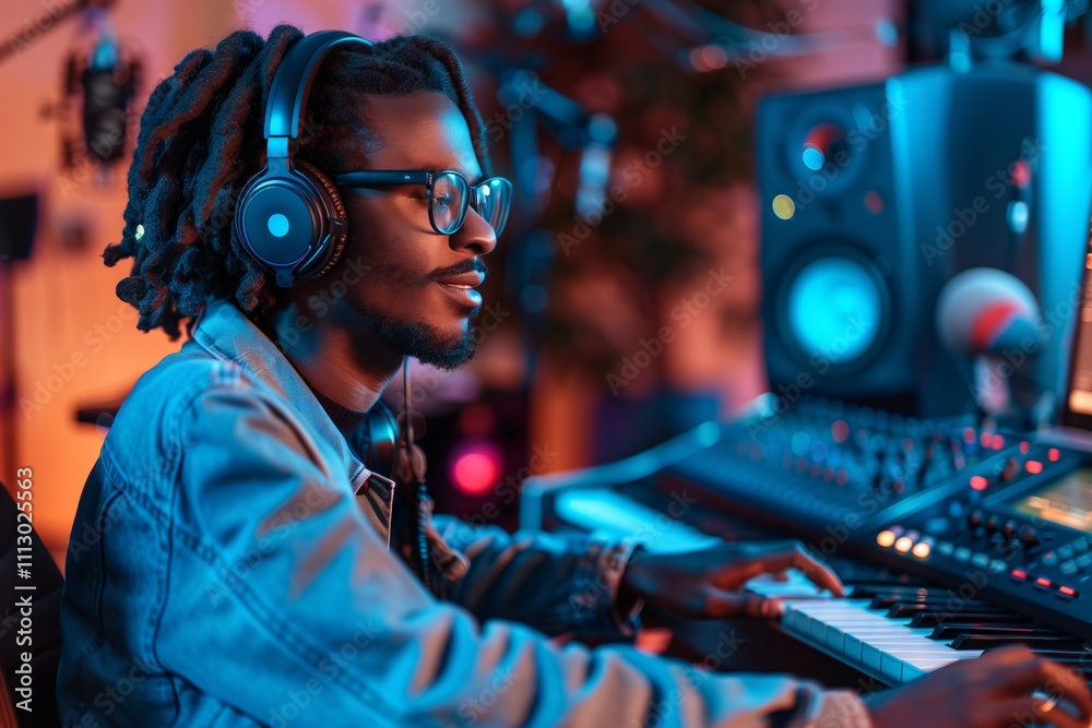 A musician creating beats in a modern studio with colorful lighting and headphones. A musician creating beats in a modern studio with colorful lighting and headphones.