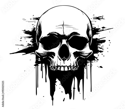 detailed skull with grunge splatter effect in hand-drawn black vector