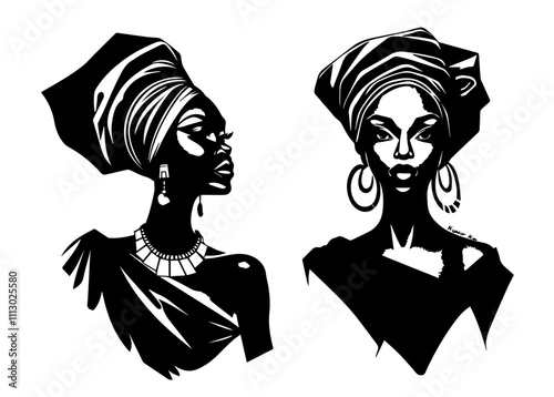 traditional african beauty in monochrome hand-drawn portraits black vector