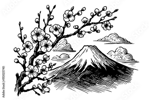 japanese landscape with sakura branches and mountain sketch black vector