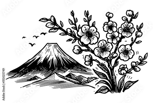 japanese landscape with sakura branches and mountain sketch black vector