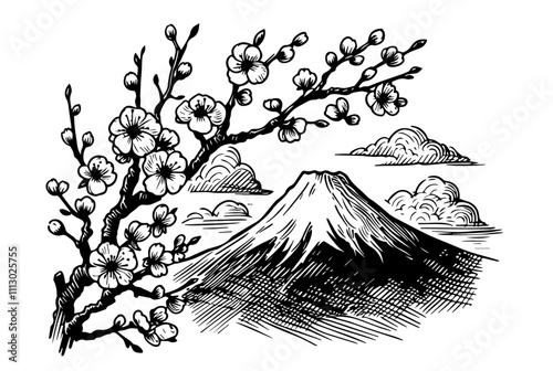 japanese landscape with sakura branches and mountain sketch black vector