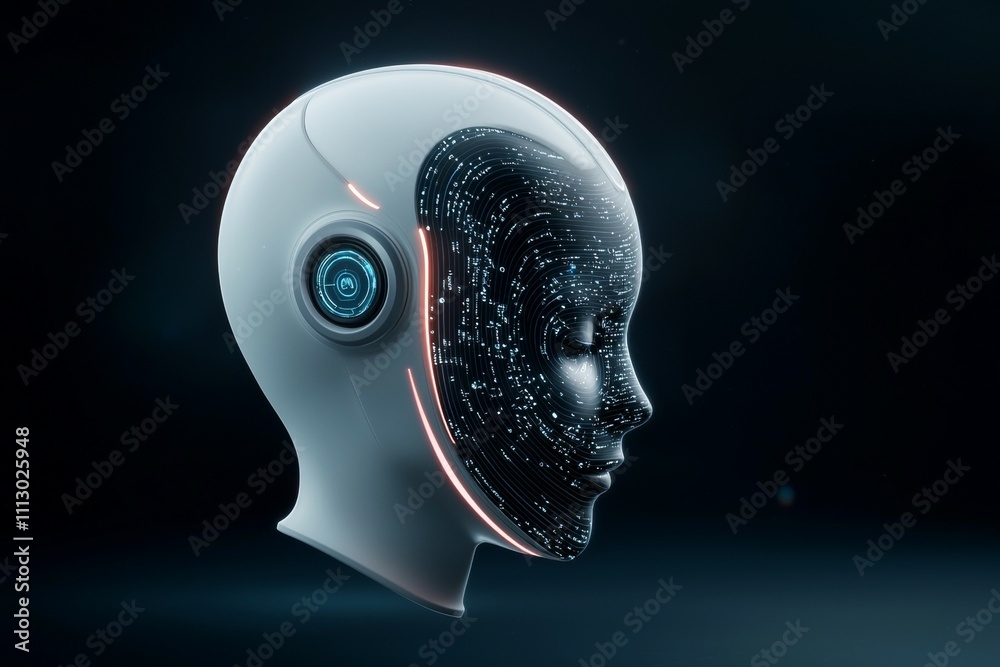 A robot head with a face made of wires and circuits