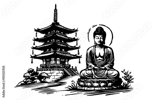 traditional asian temple with meditating buddha illustration vector