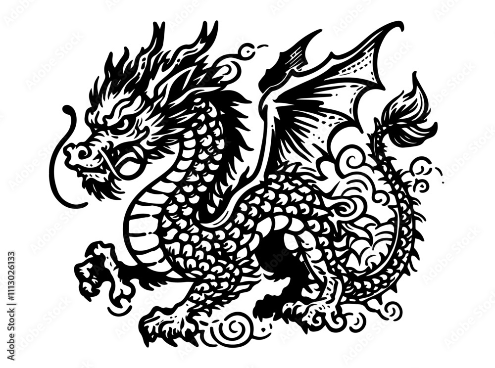 mythical asian dragon design in monochrome black vector drawing mythical asian dragon design in monochrome black vector drawing