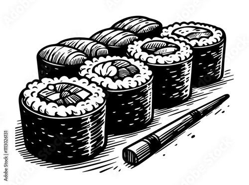 traditional japanese sushi art in detailed sketch style