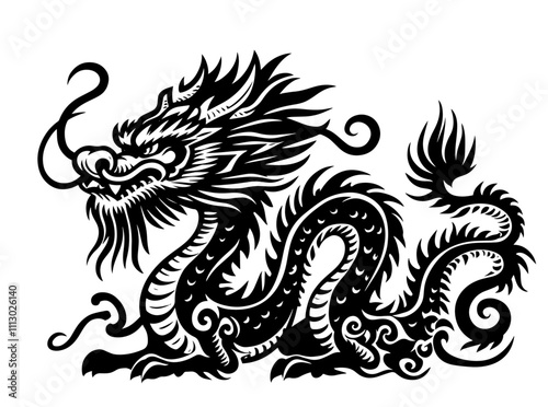 mythical asian dragon design in monochrome black vector drawing photo