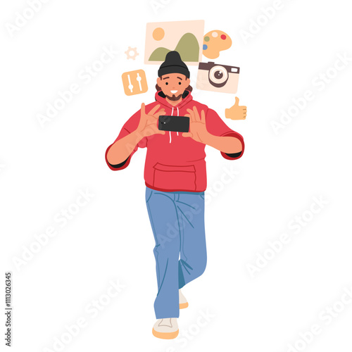 Creative young guy cartoon character using mobile phone for making photo, shooting video on camera