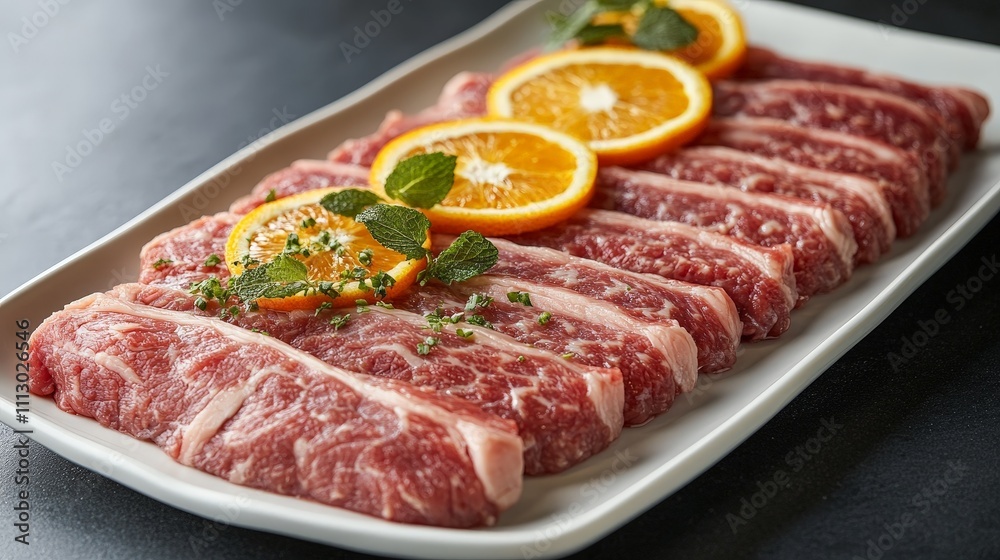 A platter of raw meat slices garnished with orange slices and mint leaves. A platter of raw meat slices garnished with orange slices and mint leaves.