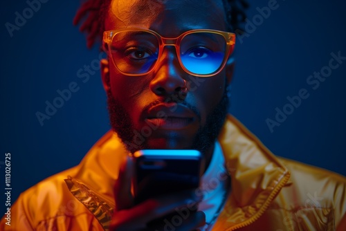 A stylish individual using a smartphone in a vibrant, colorful environment. photo