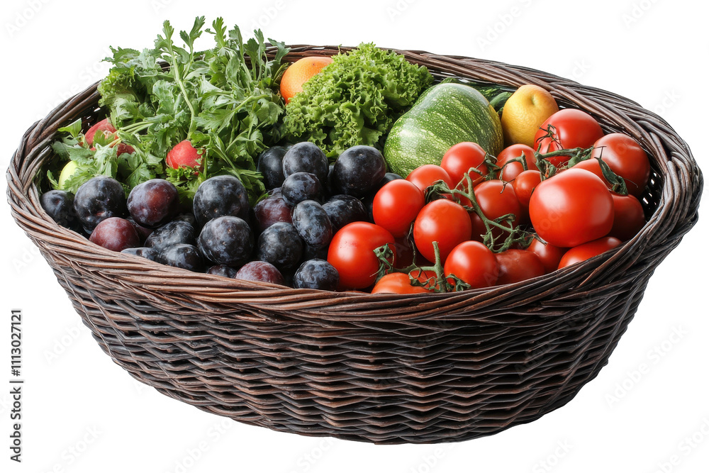 The colorful fruits and vegetables in the wicker basket give a natural freshness The colorful fruits and vegetables in the wicker basket give a natural freshness