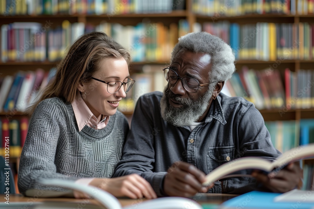 A woman and man share insights in a library, highlighting intergenerational learning. A woman and man share insights in a library, highlighting intergenerational learning.