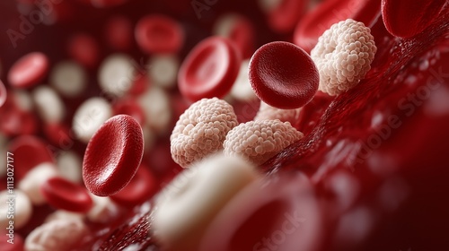 blood cells flowing through an artery, with realistic textures and lighting, showing the intricate structure of red and white blood cells in high definition photo