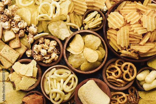 Colorful mix of salty snacks for beer varieties: chips and pretzels, onion rings and crackers. Non-healthy junk food background