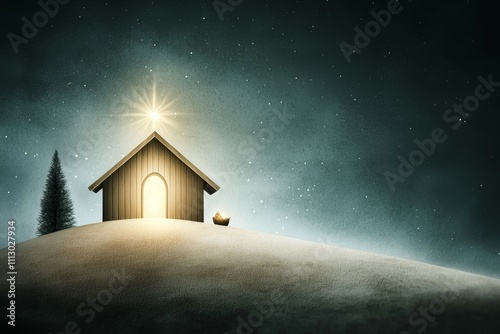 A small wooden house with a star on top and a baby in the doorway photo