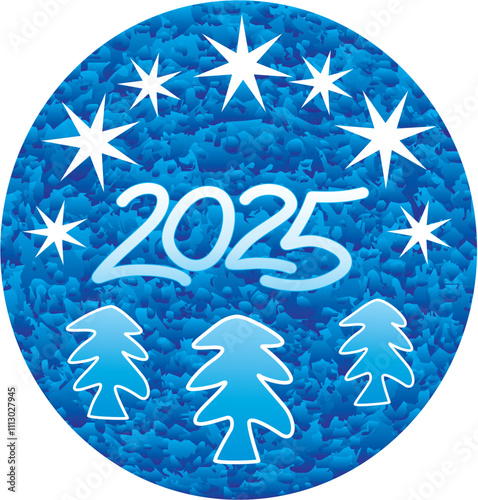 Inscription 2025 with Christmas trees and stars on the background of an openwork mandala in blue tones. New Year and Christmas symbol. Vector graphics.