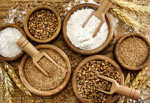 Colorful mix of wheat varieties: grain and flour, brans and ears plants. Food ingredients background