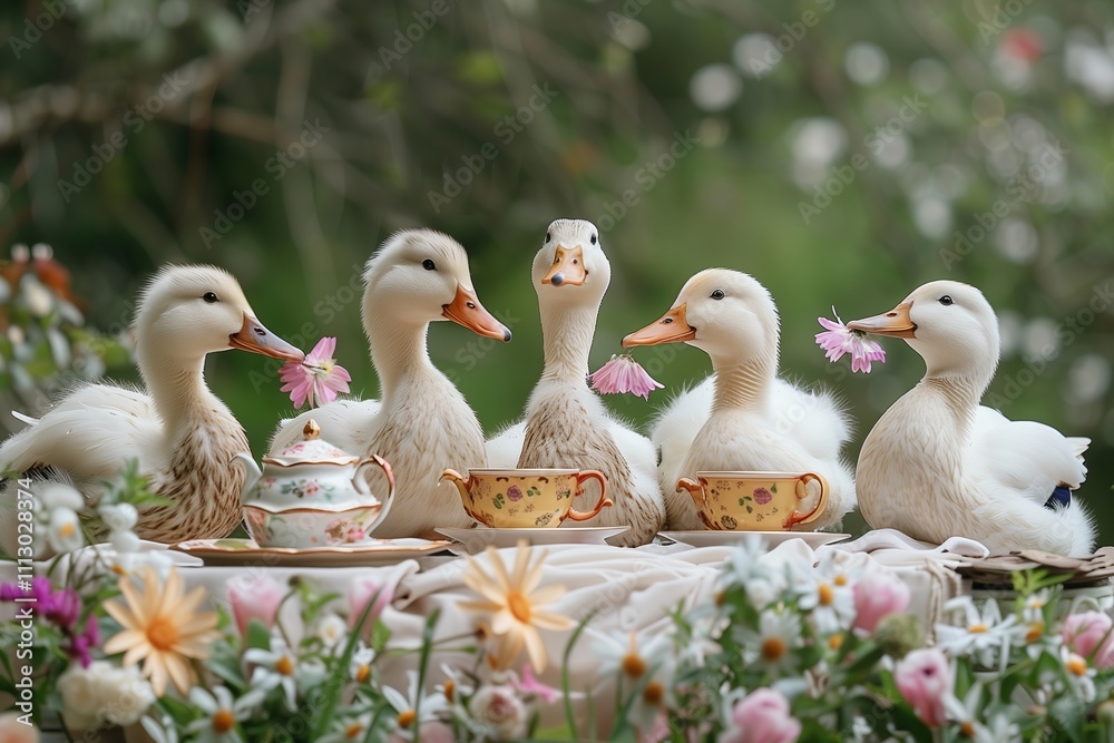 Five charming ducks enjoying a whimsical tea party among vibrant flowers. Five charming ducks enjoying a whimsical tea party among vibrant flowers.