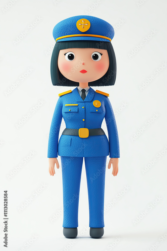 A stylized character in a blue police uniform with a cap, standing upright. A stylized character in a blue police uniform with a cap, standing upright.