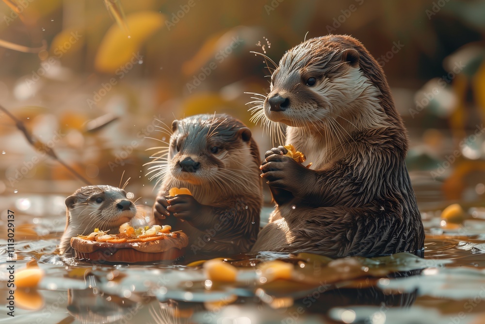 Playful otters enjoying snacks in a serene, sunlit pond surrounded by nature. Playful otters enjoying snacks in a serene, sunlit pond surrounded by nature.