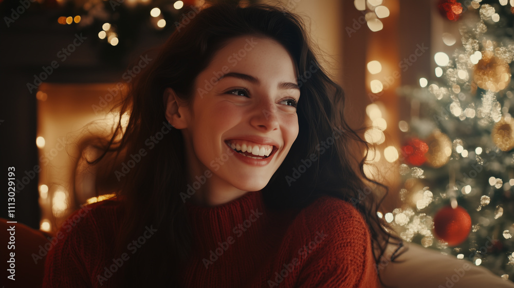 happy smiling pretty cute woman sitting at home in red knitted sweater celebrating Chritmas in cozy atmosphere with lights on background happy smiling pretty cute woman sitting at home in red knitted sweater celebrating Chritmas in cozy atmosphere with lights on background