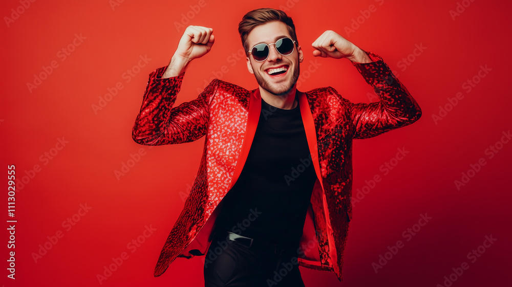 happy smiling young man posing on red studio background having fun celebrating Christmas wearing sunglasses, funny emotion positive mood happy smiling young man posing on red studio background having fun celebrating Christmas wearing sunglasses, funny emotion positive mood
