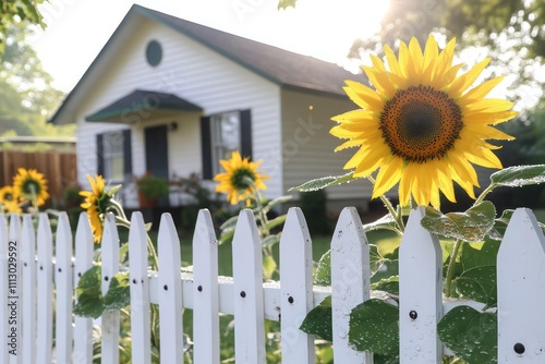 White-picket fenced house with backyard sunflowers, dew on petals glistening in the morning rays.