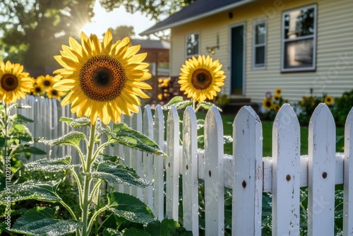 White-picket fenced house with backyard sunflowers, dew on petals glistening in the morning rays.