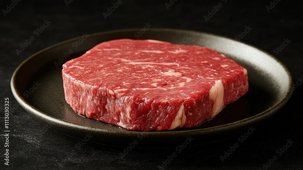 A raw beef steak displayed on a black plate, ready for cooking or preparation. A raw beef steak displayed on a black plate, ready for cooking or preparation.