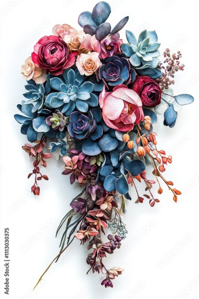 a wedding bouquet with orchids and succulents, unique floral arrangement, watercolor style, isolated on white background a wedding bouquet with orchids and succulents, unique floral arrangement, watercolor style, isolated on white background