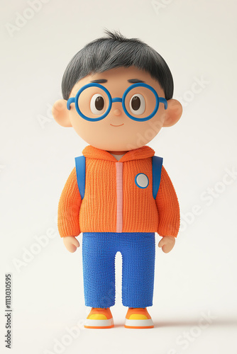 A cute animated character with glasses, wearing an orange hoodie and blue pants, ready for adventure.