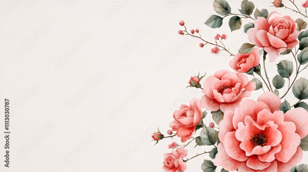 A vivid watercolor illustration of climbing roses, intertwined with ivy, creating a natural frame on an empty white canvas A vivid watercolor illustration of climbing roses, intertwined with ivy, creating a natural frame on an empty white canvas