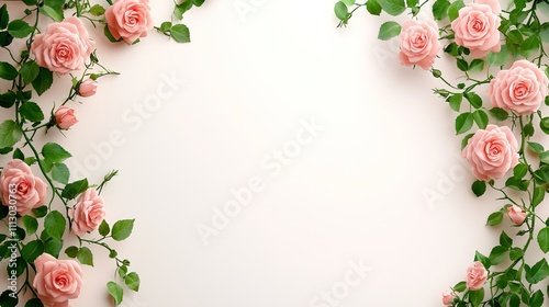 A vivid watercolor illustration of climbing roses, intertwined with ivy, creating a natural frame on an empty white canvas