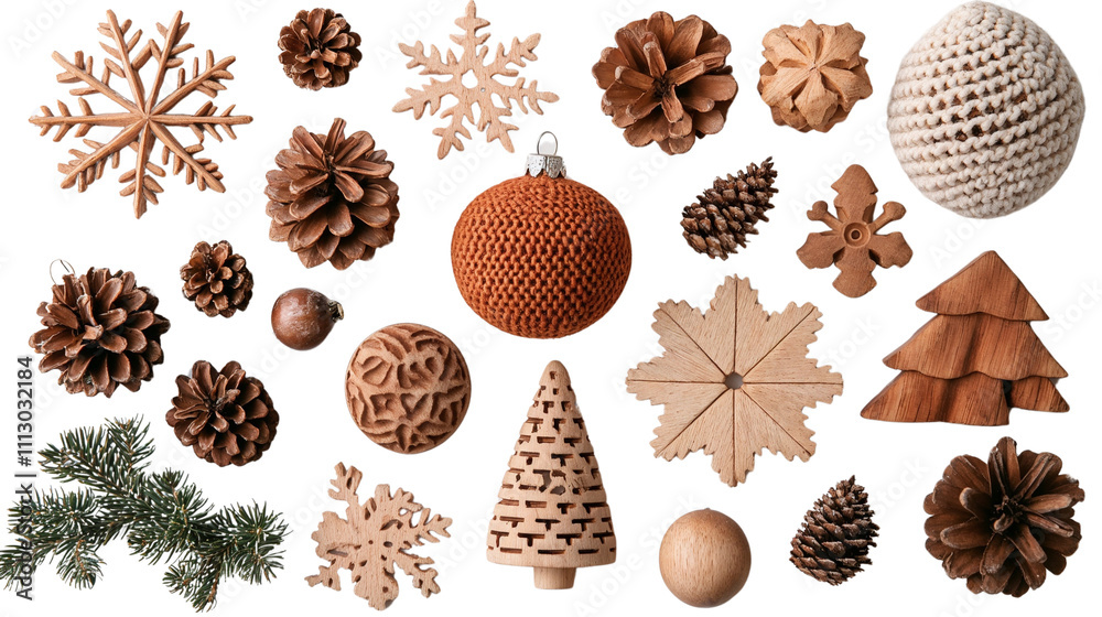 A collection of handmade Christmas decorations. Isolated on white. Transparent - PNG
