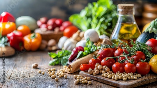 Assorted fresh vegetables and ingredients on a wooden table