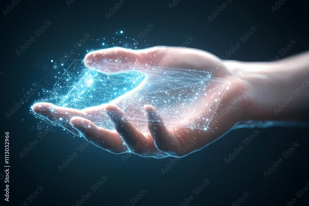 A hand is holding a glowing blue object A hand is holding a glowing blue object
