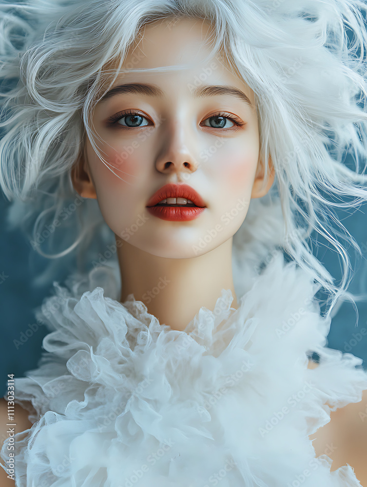 Stunning Portrait of a Woman with White Hair and Ruffled Collar Against a Teal Background Stunning Portrait of a Woman with White Hair and Ruffled Collar Against a Teal Background
