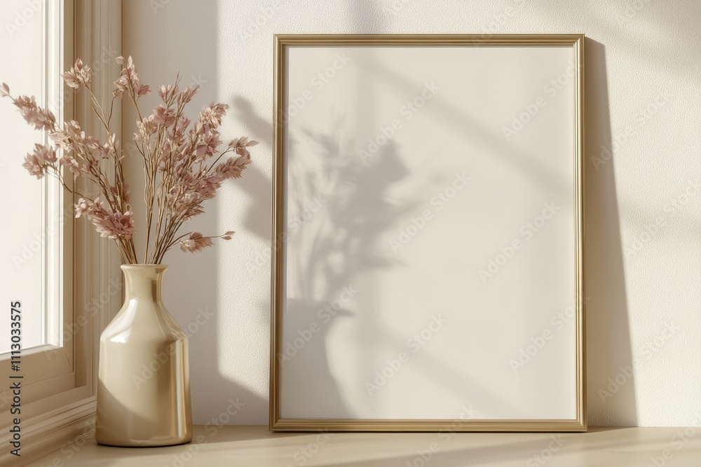 Elegant vase with dried flowers shadows and a blank frame on a warm sunlit windowsill Elegant vase with dried flowers shadows and a blank frame on a warm sunlit windowsill