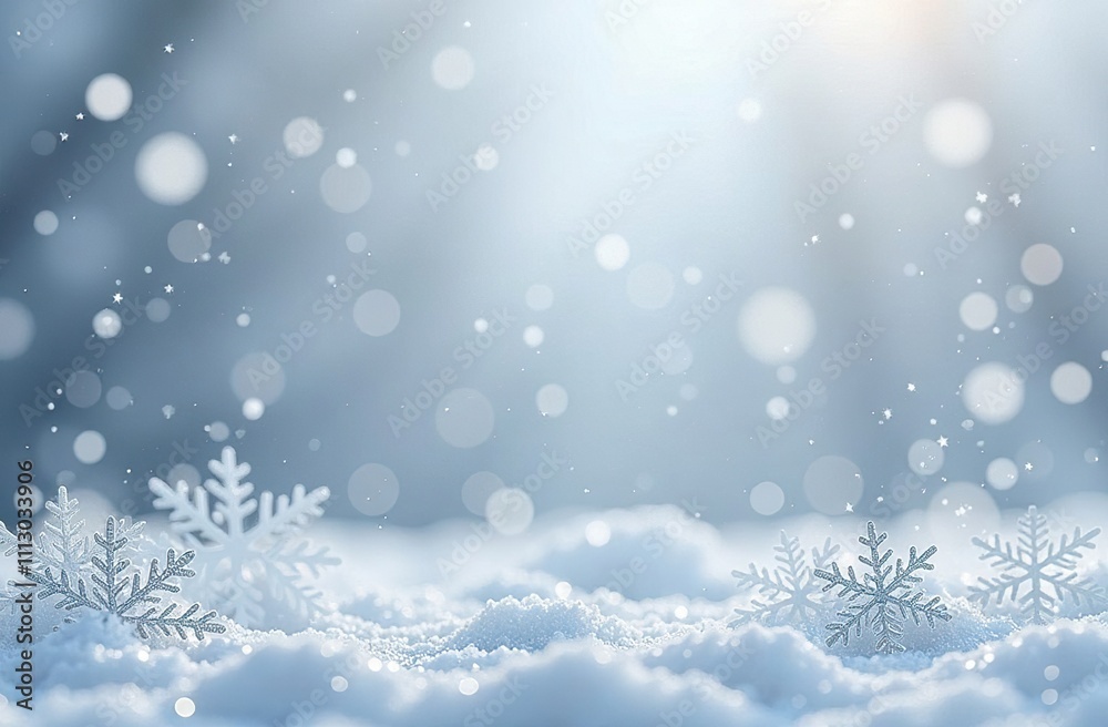 Naklejka premium Postcard with beautiful snowflakes, Christmas postcard, seasonal snowfall, snowstorm in cold winter day, frosty weather, space for text, blurred background