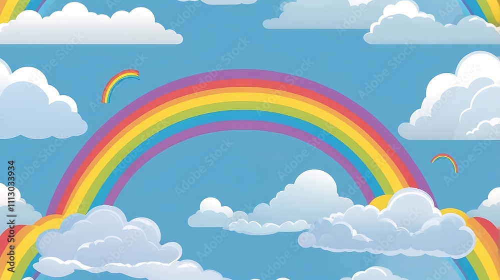 Colorful Rainbow Arcing Over Fluffy White Clouds in a Blue Sky Colorful Rainbow Arcing Over Fluffy White Clouds in a Blue Sky